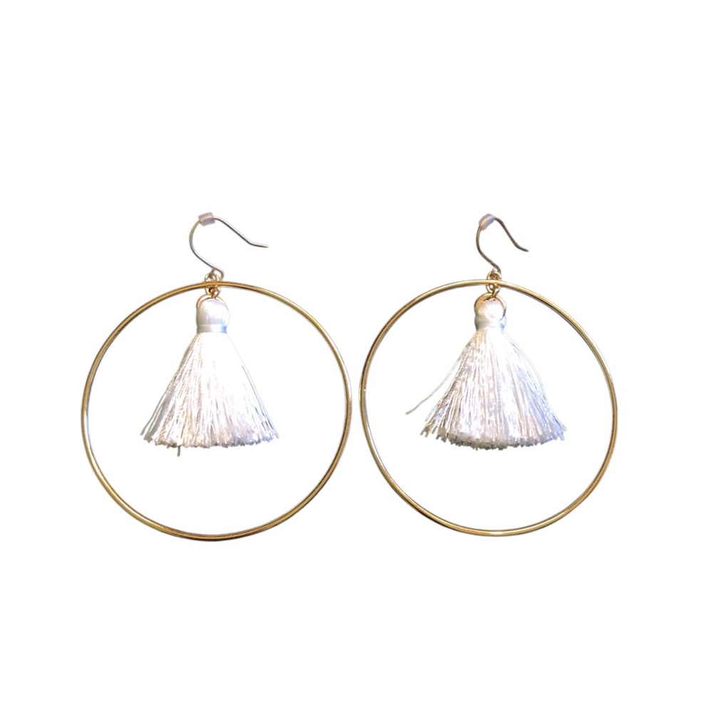 J Crew White Tassel French Wire 2”Hoop Earrings in Gold